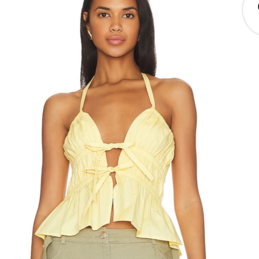 Lovers + Friends Yellow Tie Front Halter Ruffle Top